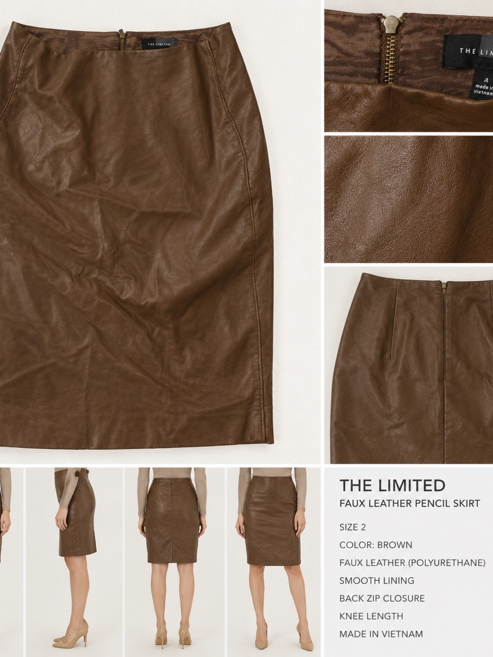 The Limited Brown Faux Leather Midi Pencil Skirt